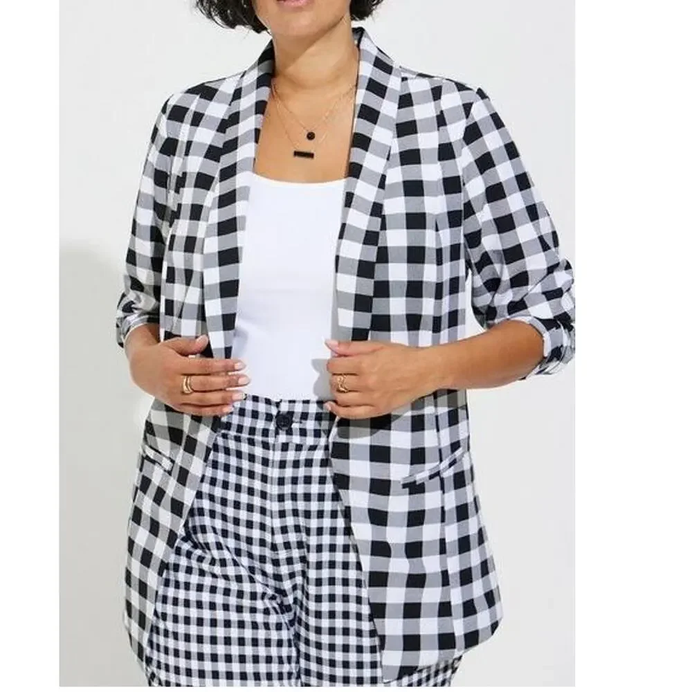 Torrid 5 (5X) Retro Gingham Black/White‎ Plaid Parker Studio Crepe Blazer Jacket